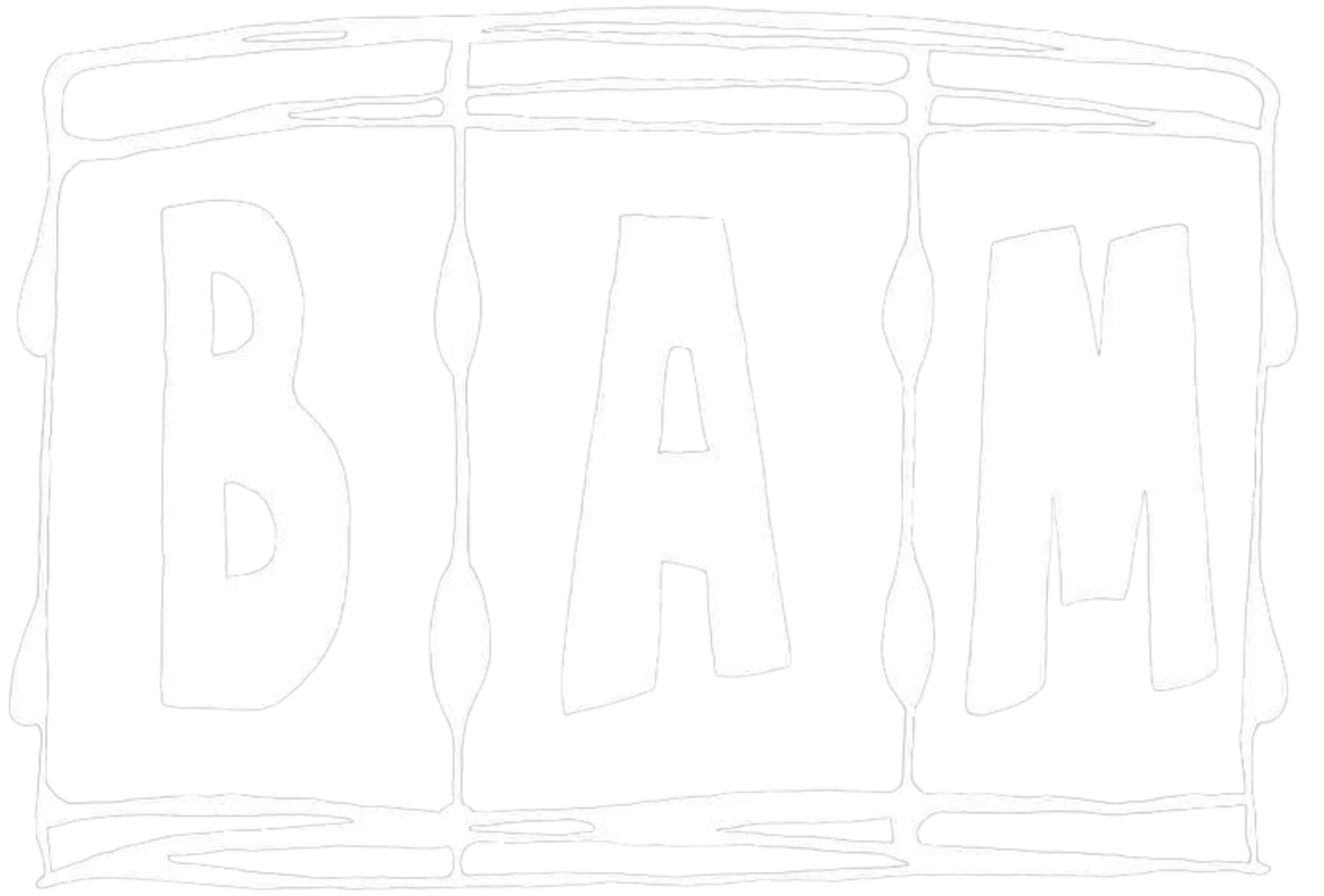 A black and white drawing of the word bam on a white background.