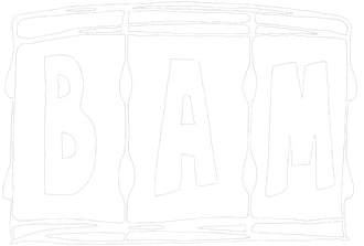 A black and white drawing of the word bam on a white background.