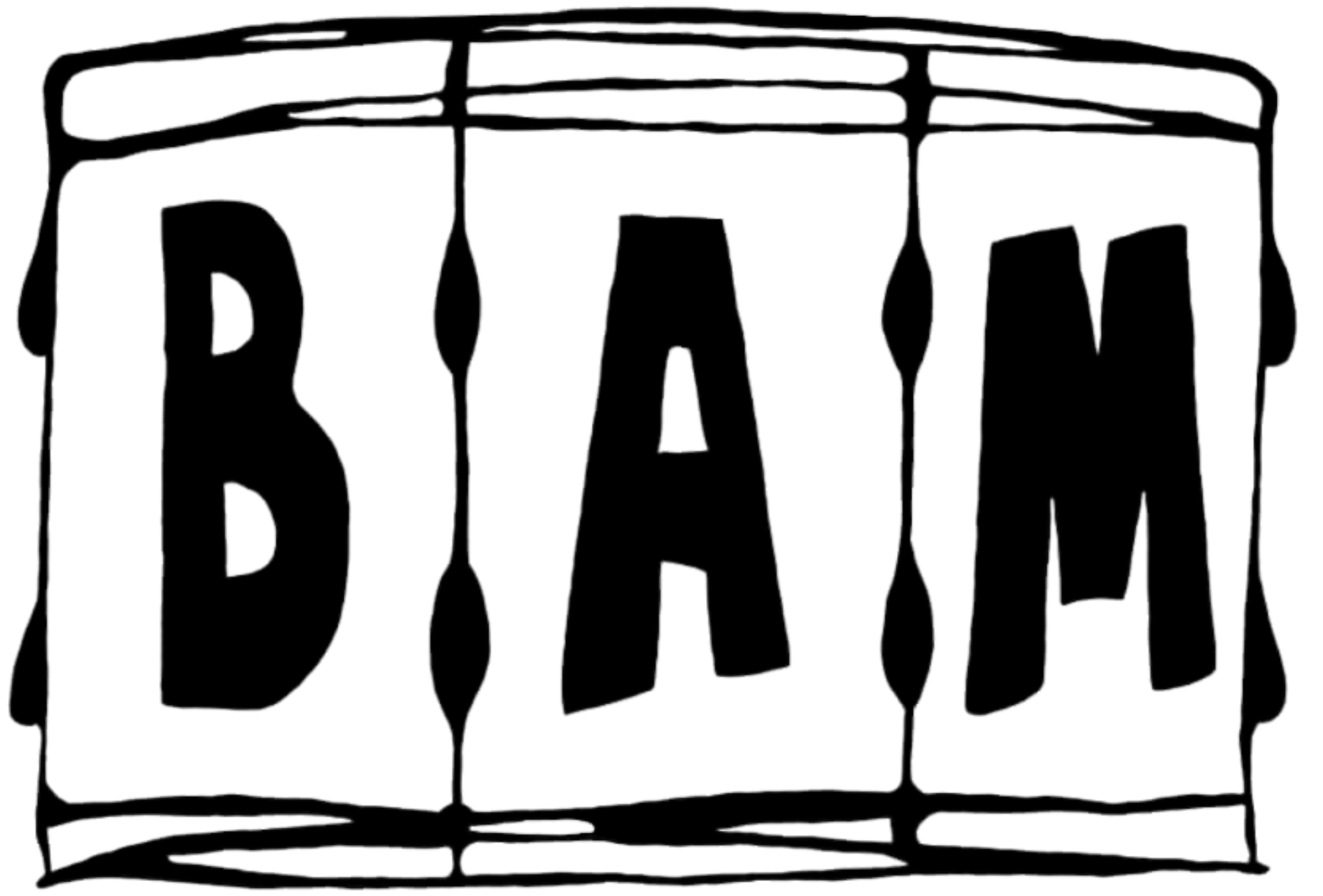 A black and white drawing of a drum with the word bam written on it.