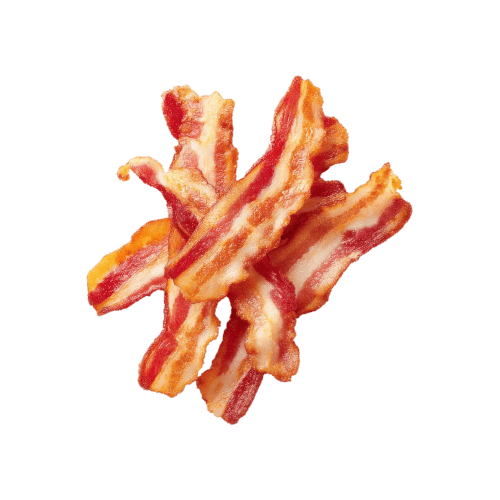 Crispy, cooked bacon strips, red and white, overlapping.