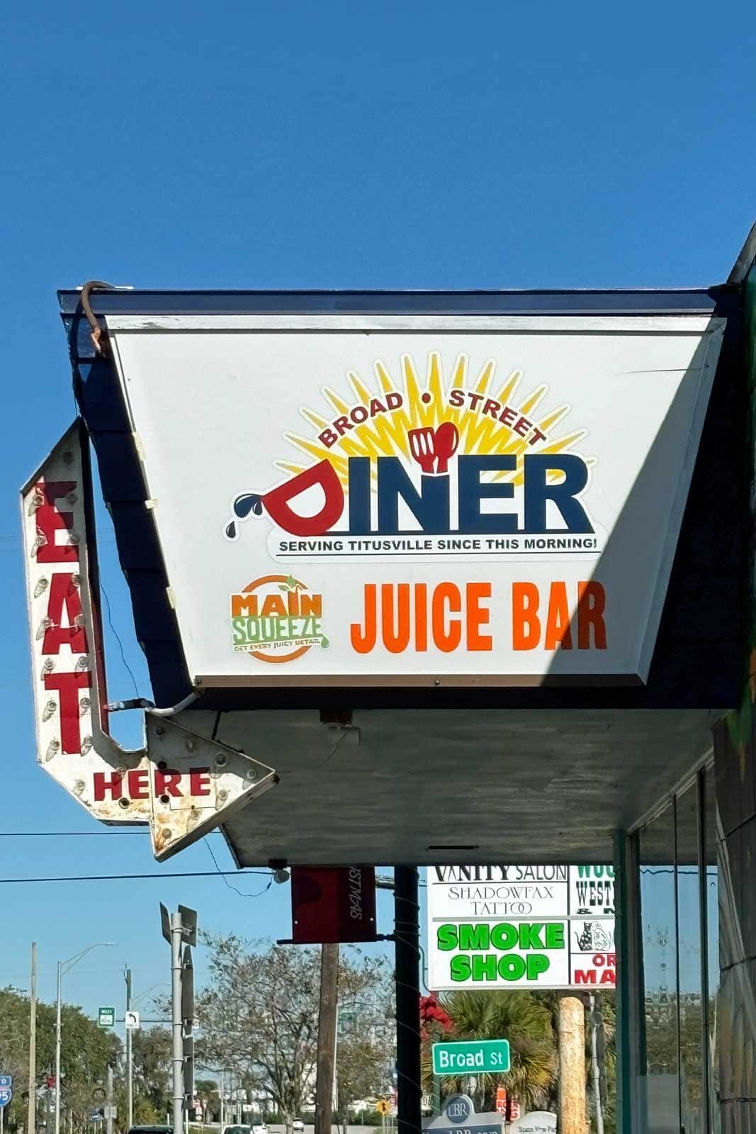Sign for Broad Street Diner, Juice Bar, with 