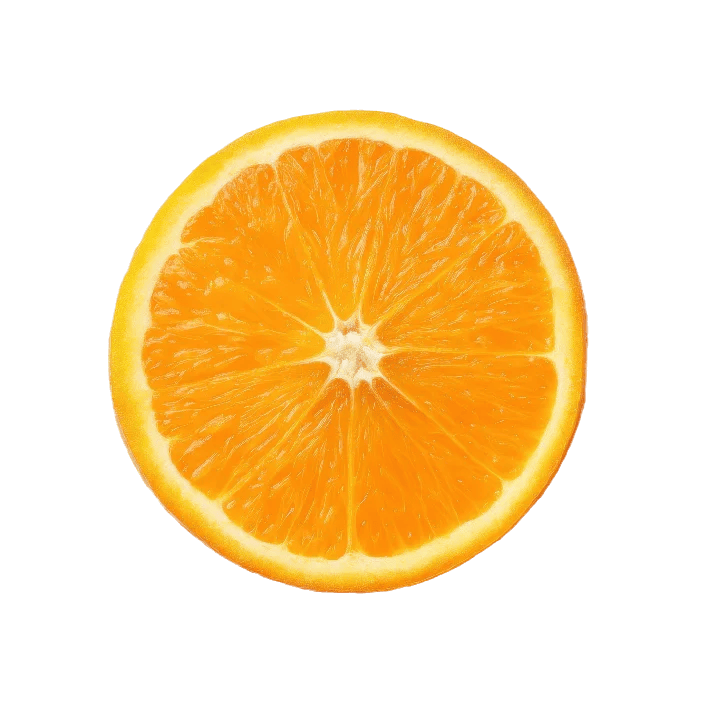 Slice of orange, showing sections and core in shades of orange and yellow against a white background.
