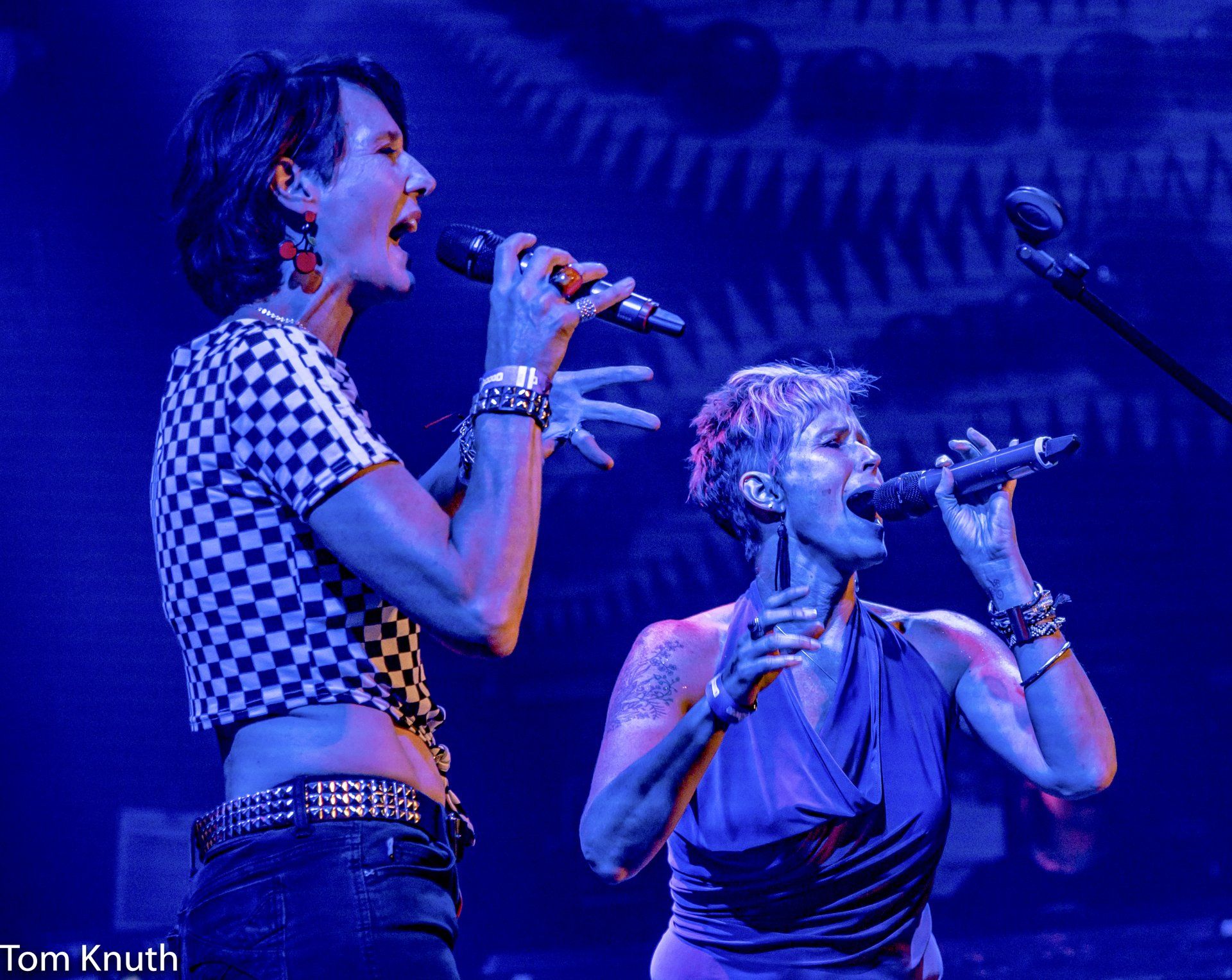 Two women are singing into microphones on a stage.