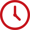 Red clock icon with white face and red hands showing about 4:00