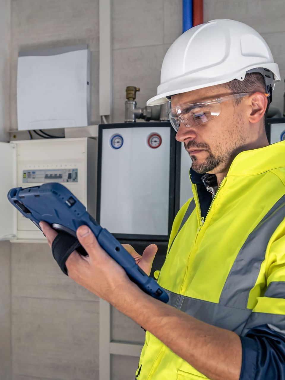 Worker in hard hat and safety vest inspecting equipment with a tablet in an industrial setting