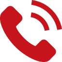 Red phone handset with ringing signal icon, white background