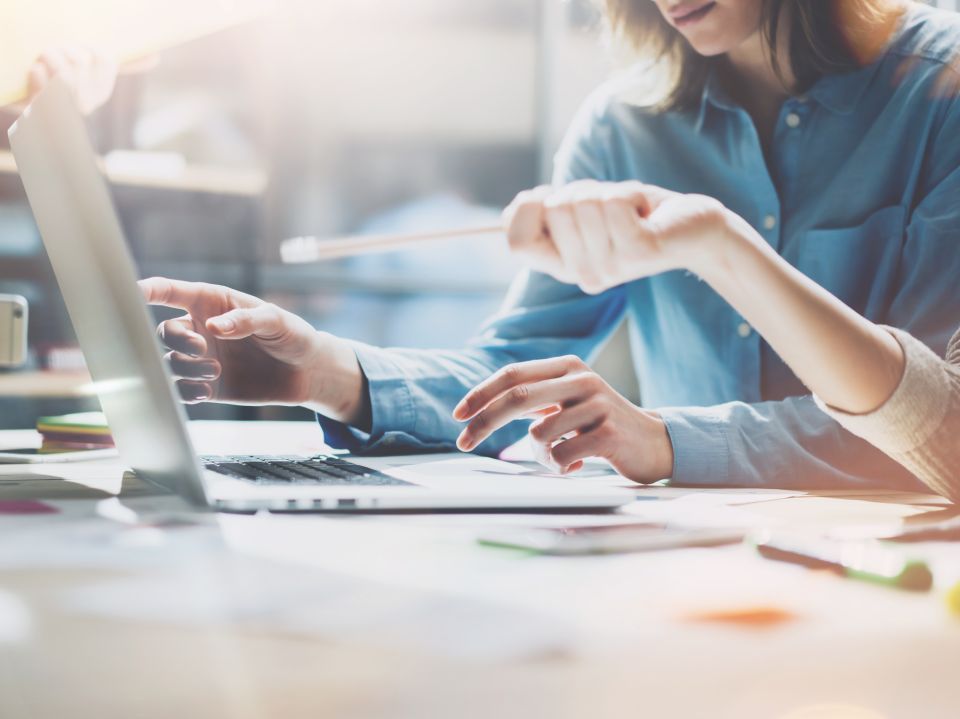 Two people collaborating at a laptop; hands pointing to screen, sunny office setting.