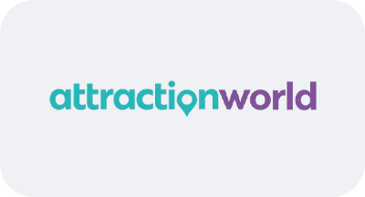 The logo for attraction world is blue and purple on a white background.