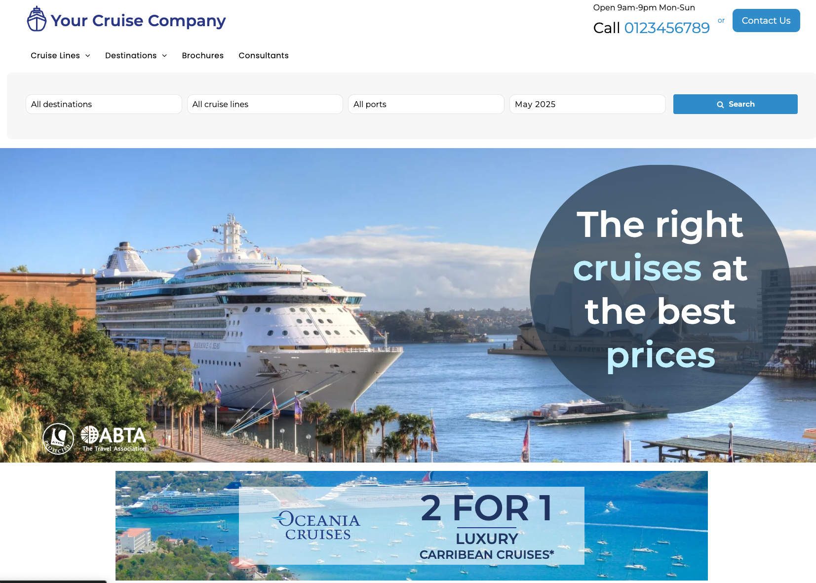 A cruise company website shows a large cruise ship in the water.