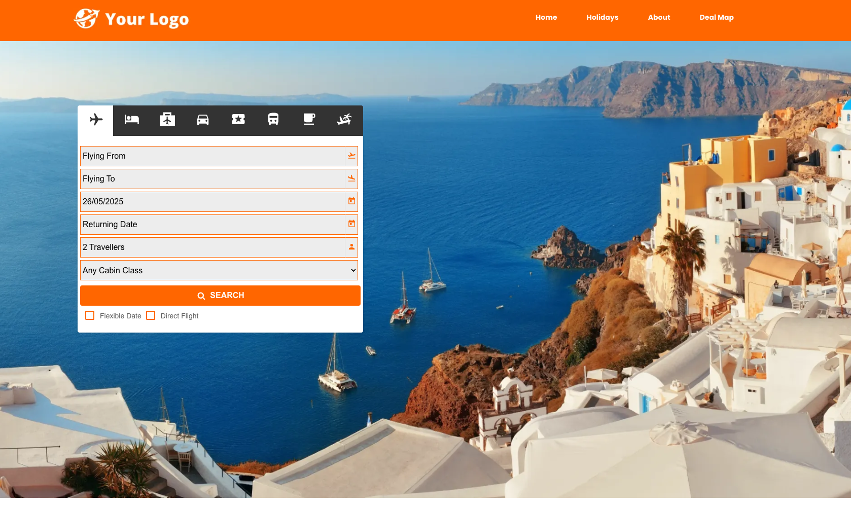 A screenshot of a website with a picture of santorini on it.