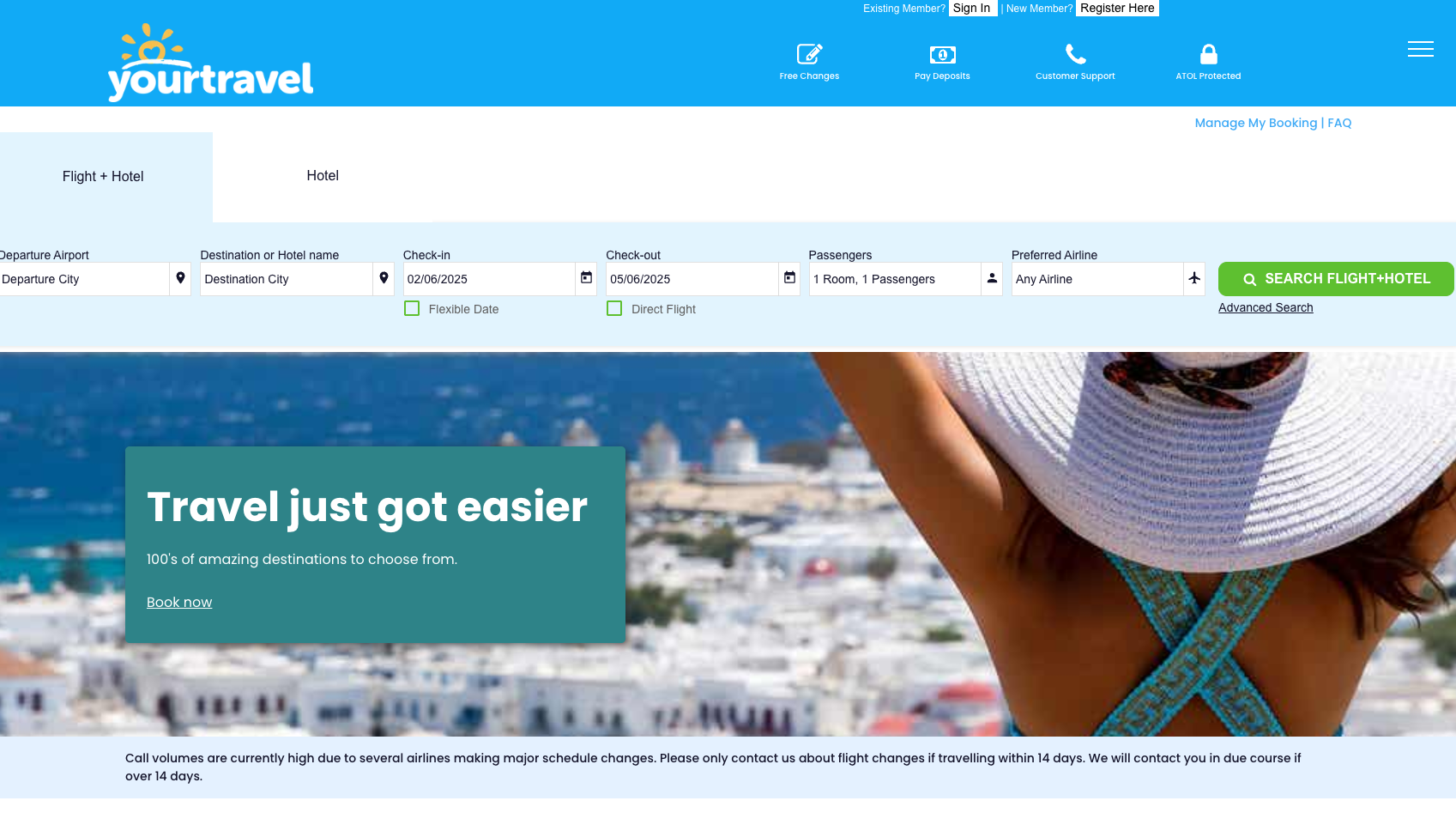 A woman in a hat is on the homepage of a travel website.