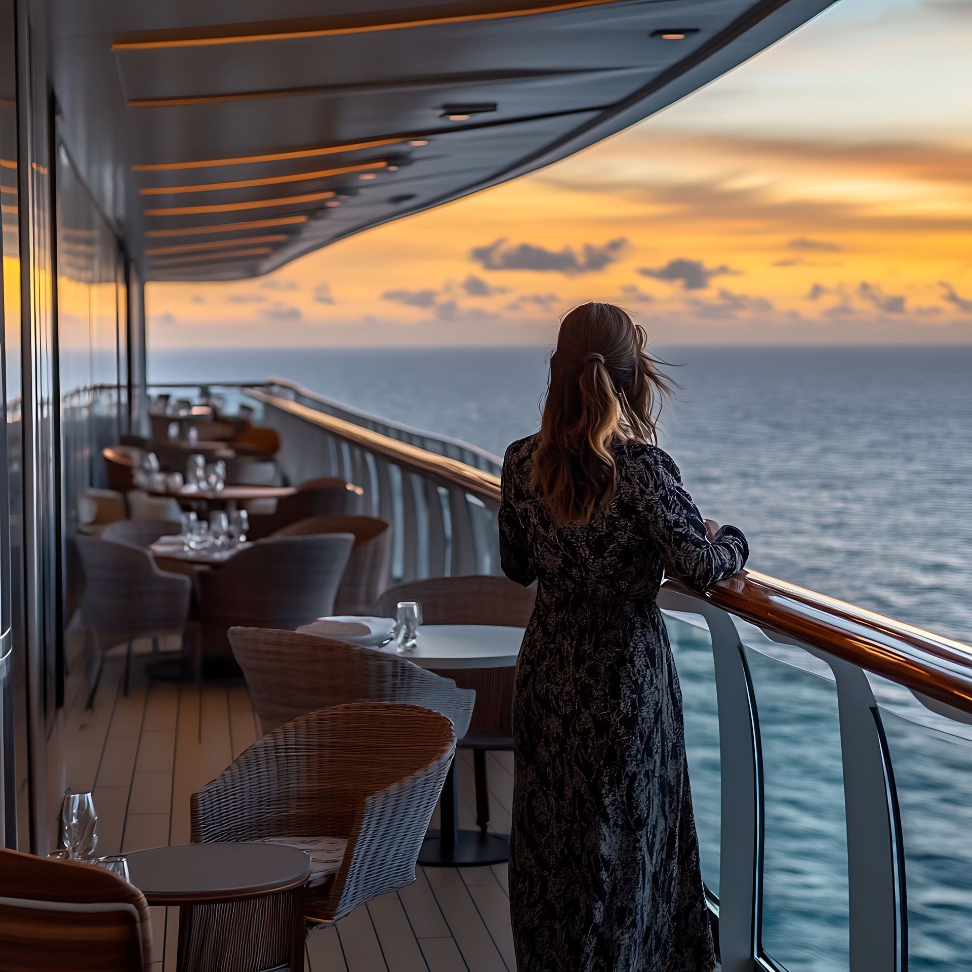A woman is standing on a balcony overlooking the ocean at sunset