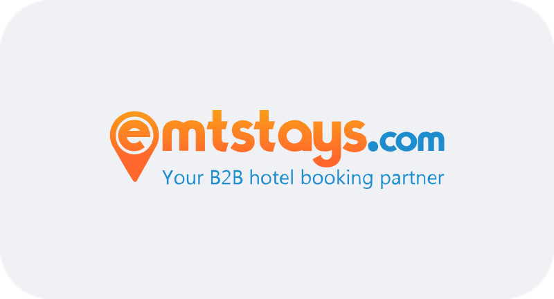 The logo for emtstays.com is orange and blue and says `` your b2b hotel booking partner ''.