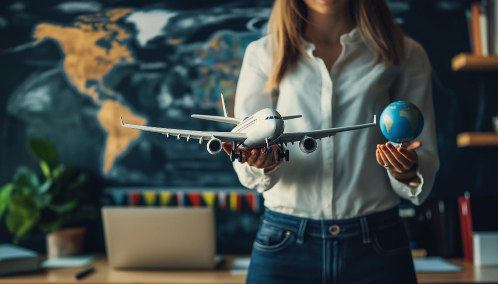 A woman is holding a model airplane and a globe in her hands.