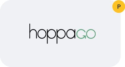 A logo for a company called hoppago on a white background.