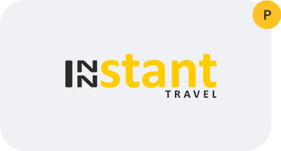 The logo for instant travel is yellow and black on a white background.