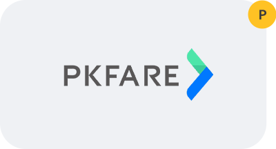 A logo for pkfare with a blue arrow pointing to the right.