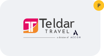 The logo for teldar travel is a division of accor.