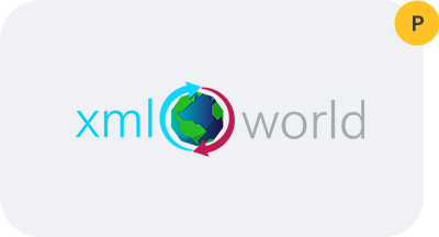 A logo for xml world with a globe and arrows around it.