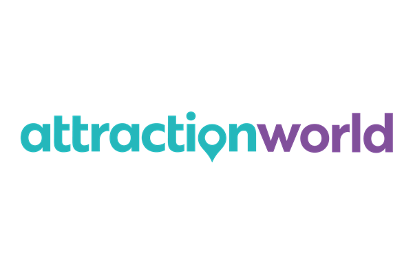 The logo for attraction world is blue and purple on a white background.