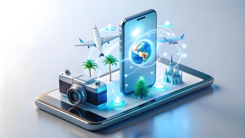 A cell phone with a camera , airplanes , palm trees and a castle on it.