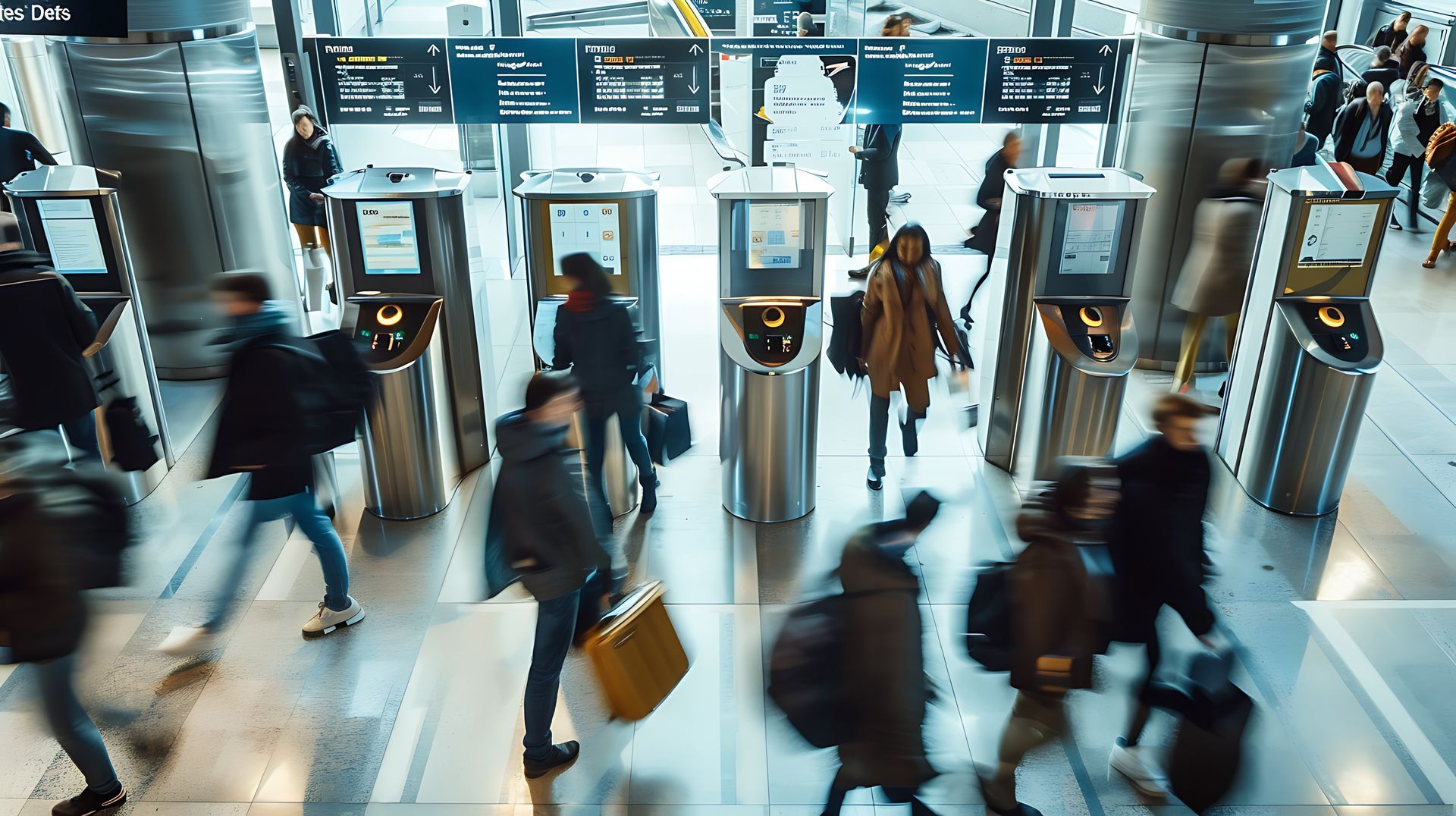 A group of people are walking through an airport.