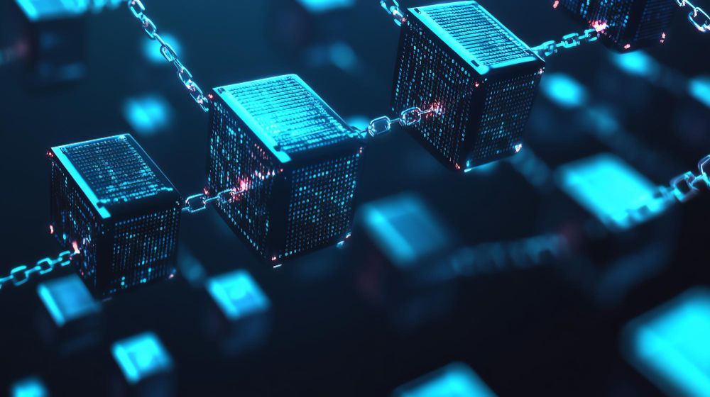 A chain of blocks connected to each other on a dark background.
