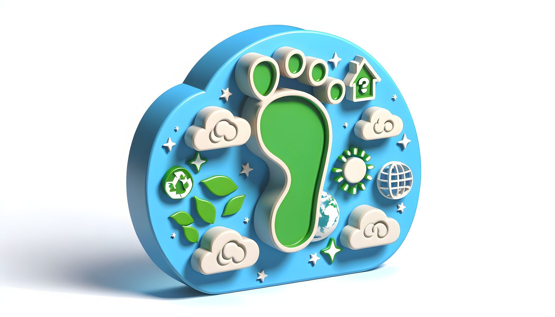 A blue cloud with a green footprint in the middle surrounded by clouds and leaves.