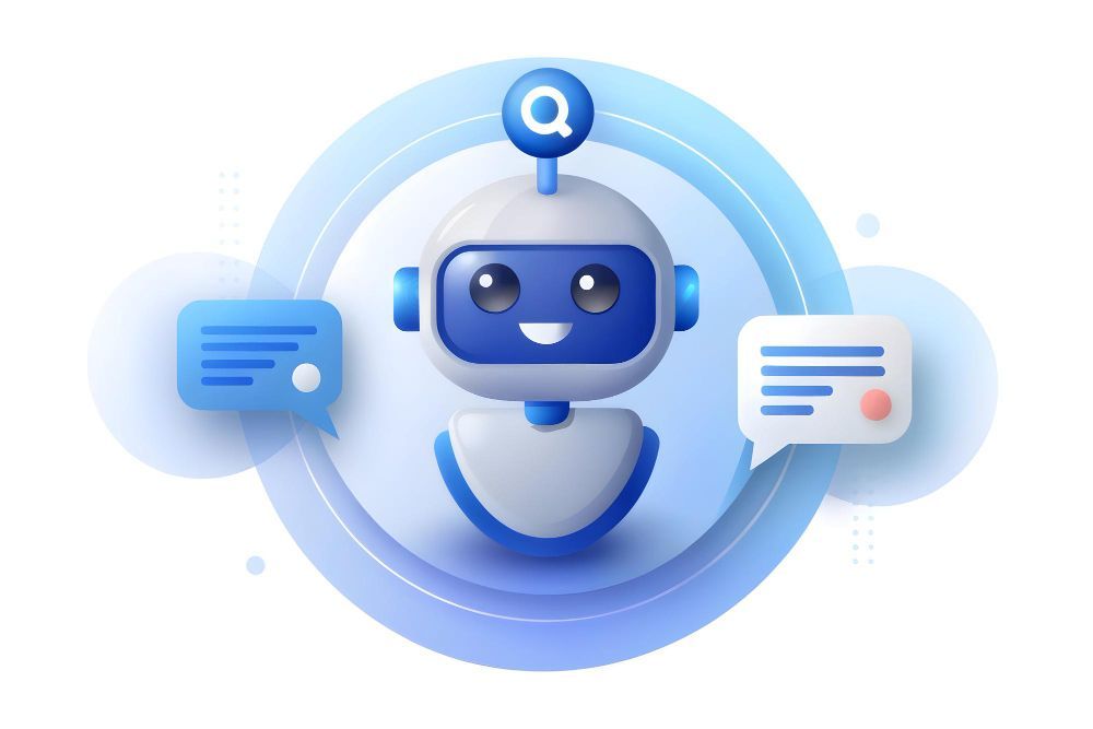 A 3d illustration of a robot with speech bubbles around it.