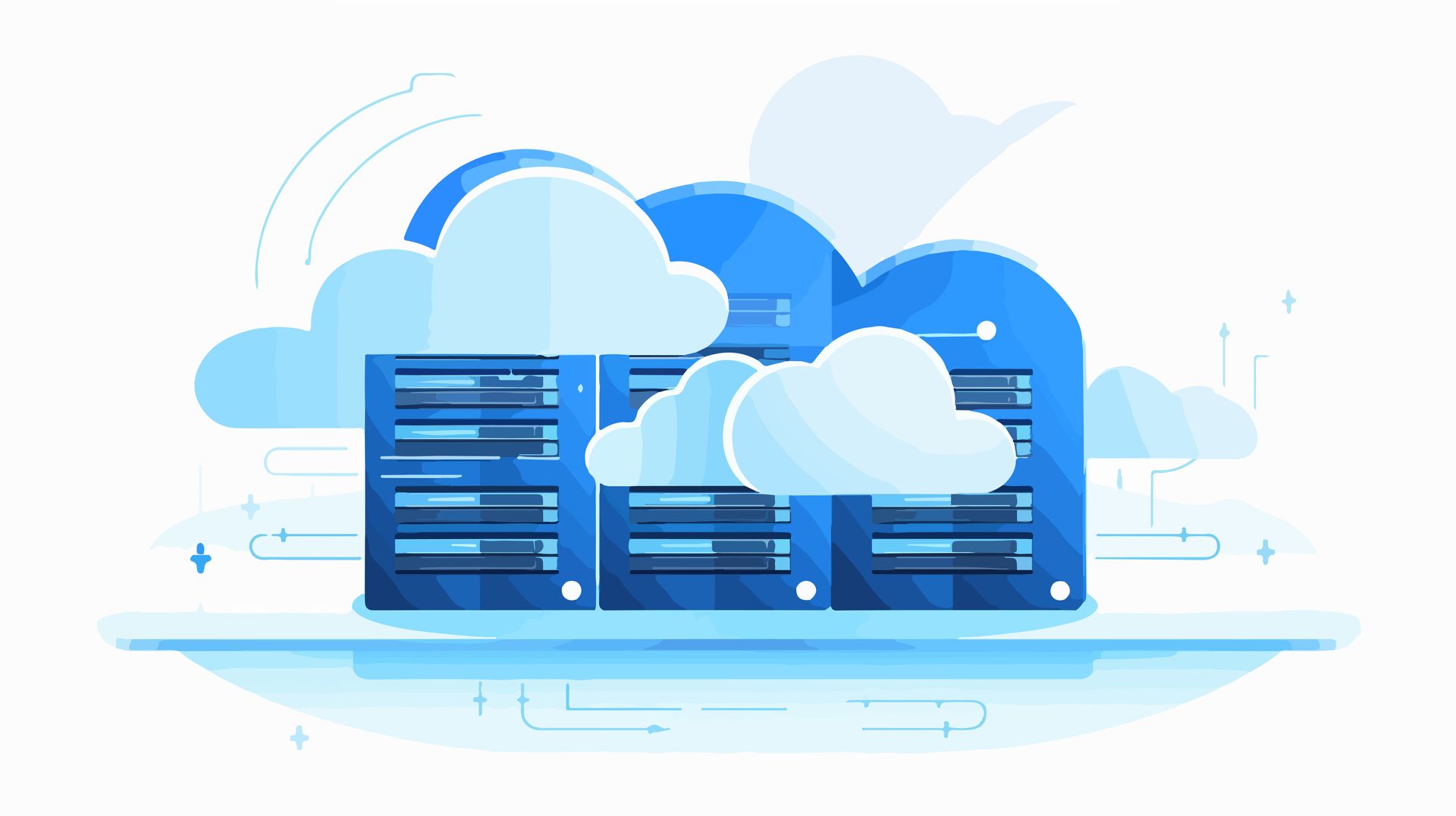 A group of servers surrounded by clouds on a white background.