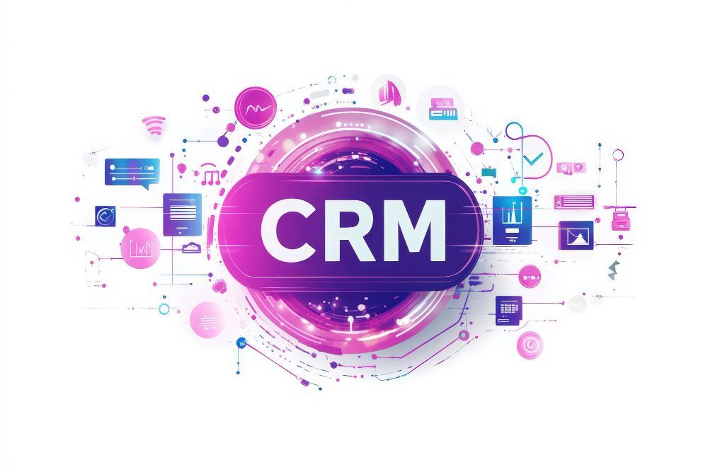 The word crm is in a purple circle with icons around it.