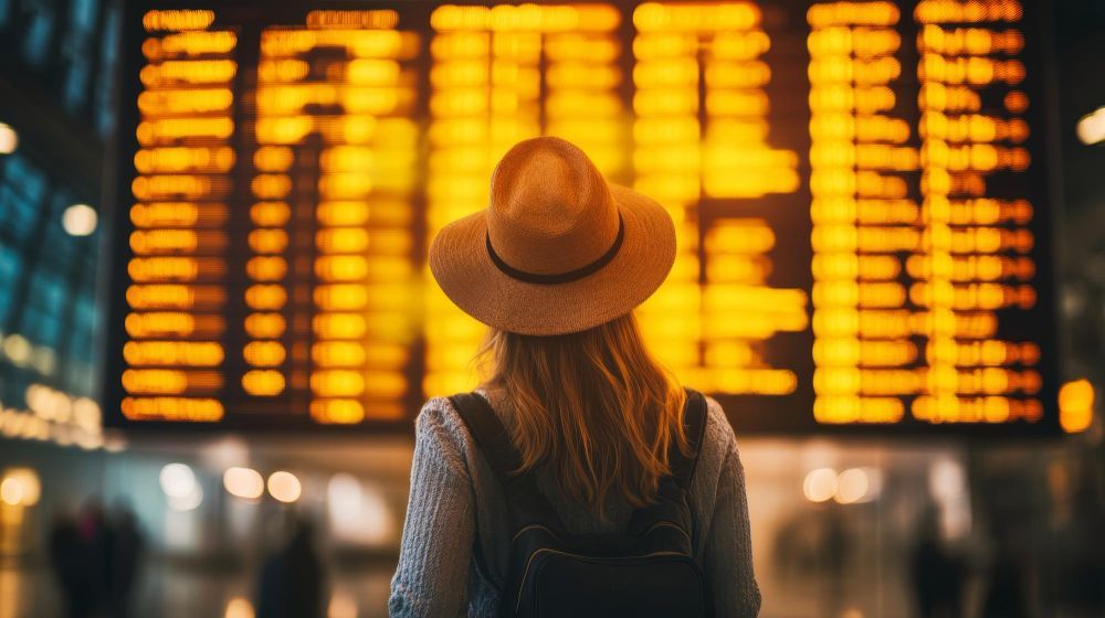 A woman in a hat is standing in front of an airport departures board.