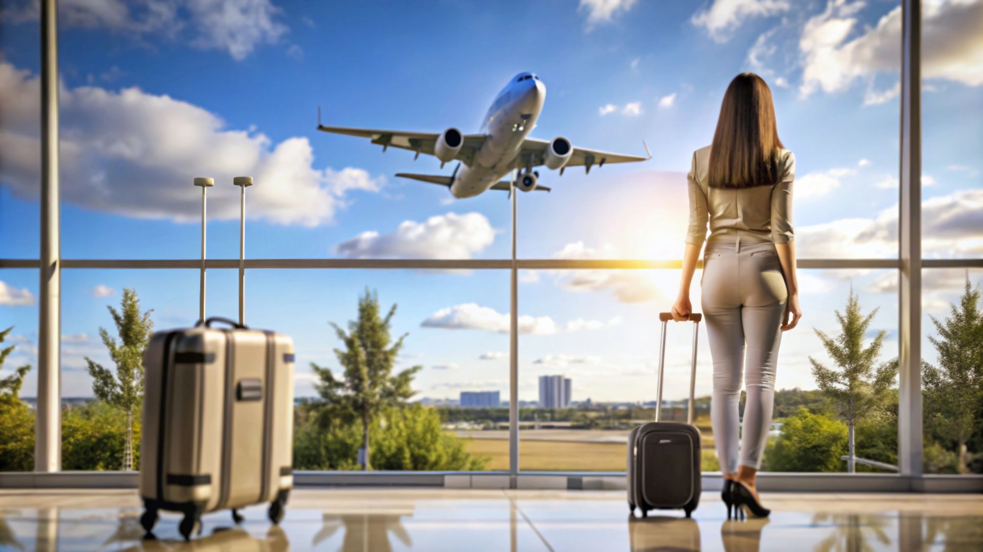 A woman is looking out of a window at an airplane taking off.