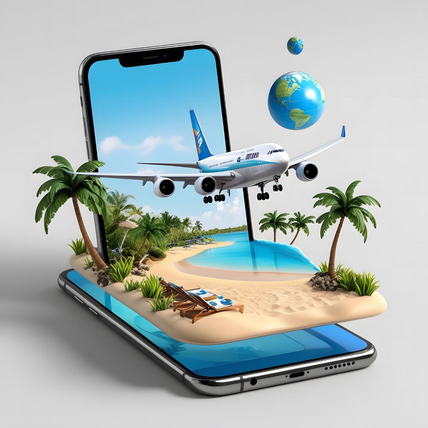 An airplane is flying over a beach on a cell phone
