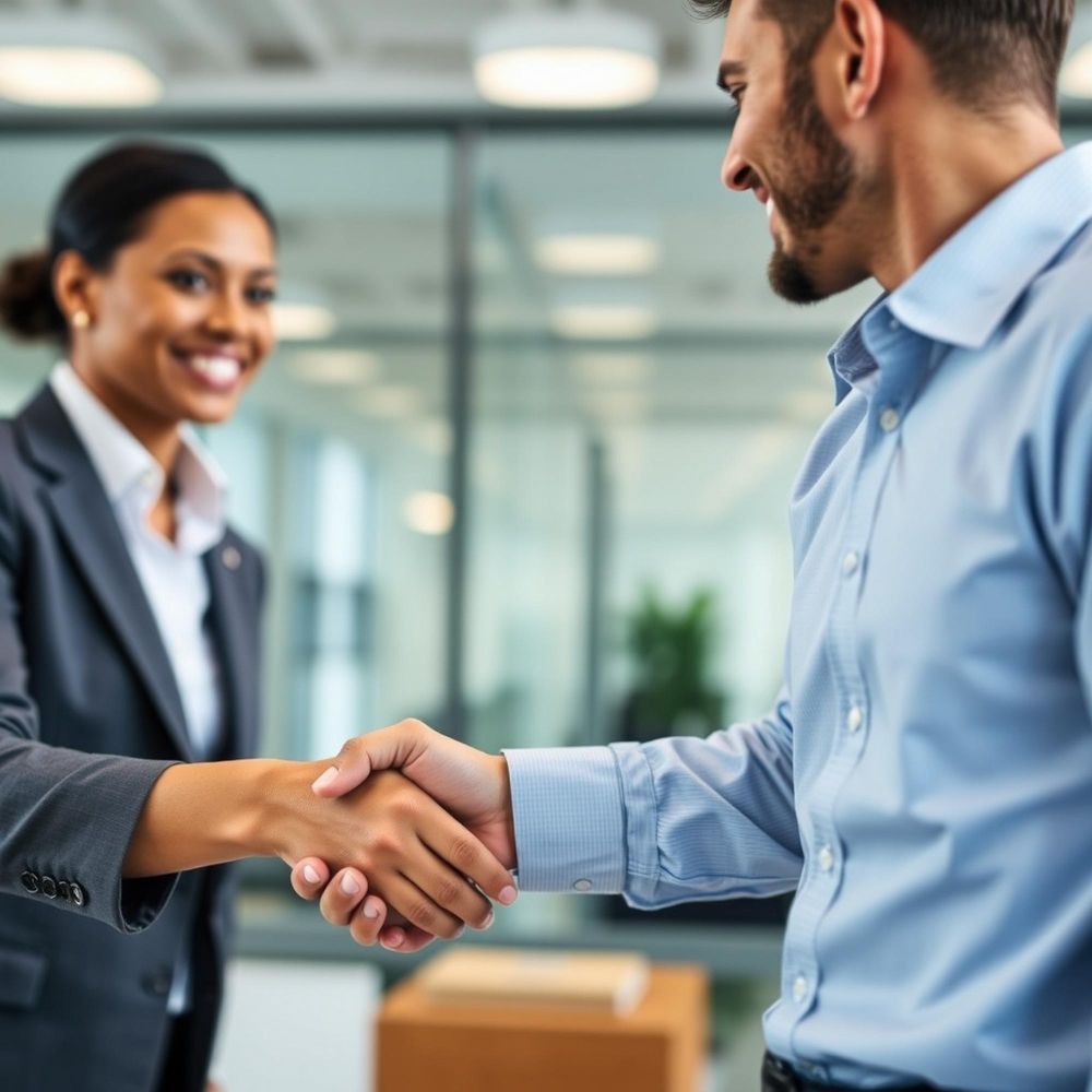 A man and a woman are shaking hands in an office.