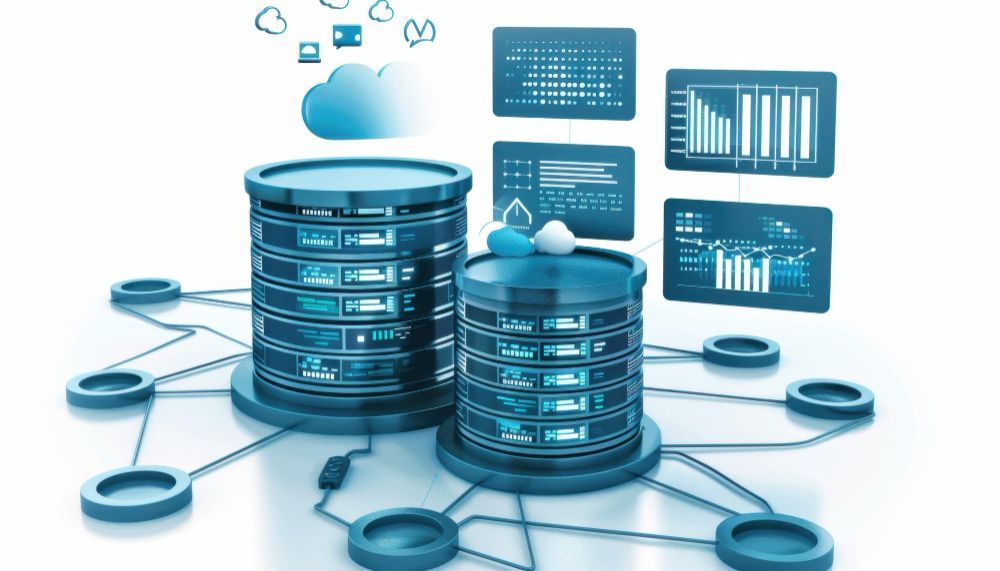 A stack of servers connected to each other with a cloud in the background.