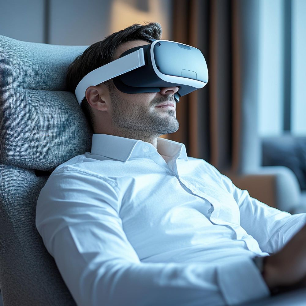 A man is sitting in a chair wearing a virtual reality headset.