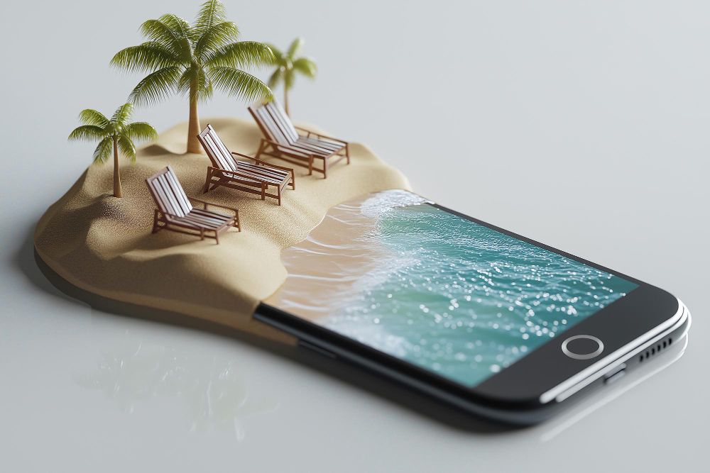 A cell phone with a beach scene on the screen.