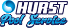 A logo for hurst pool service with a blue ball in the middle.