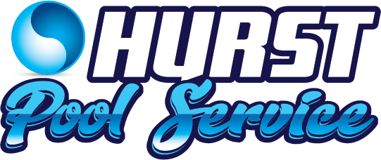 A logo for hurst pool service with a blue ball in the middle.