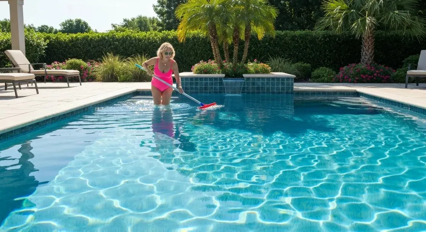 Woman in pink swimsuit cleaning a blue pool with a net, in a sunny backyard.