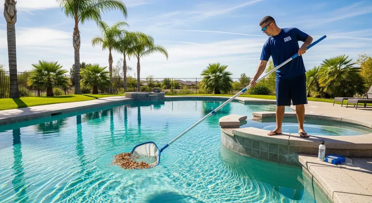 Bakersfield swimming pool with a technician cleaning, highlighting pool maintenance importance