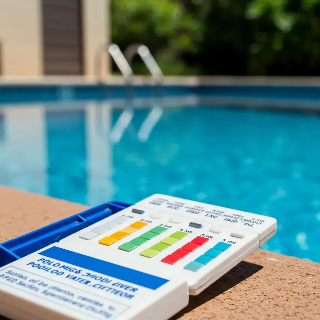 Pool water test kit on pool deck, color-coded strips show water chemistry levels, with a pool in the background.