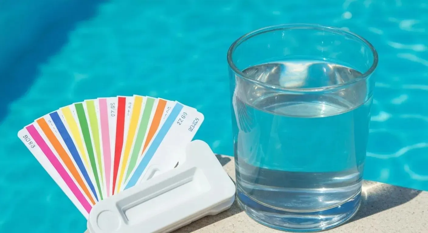 Pool water testing kit next to a glass of clear water; colored strips and a white testing tray in a sunny setting.