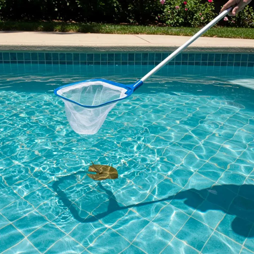 Pool net scooping a leaf from a turquoise pool. White handle, blue frame, sunny outdoor setting.