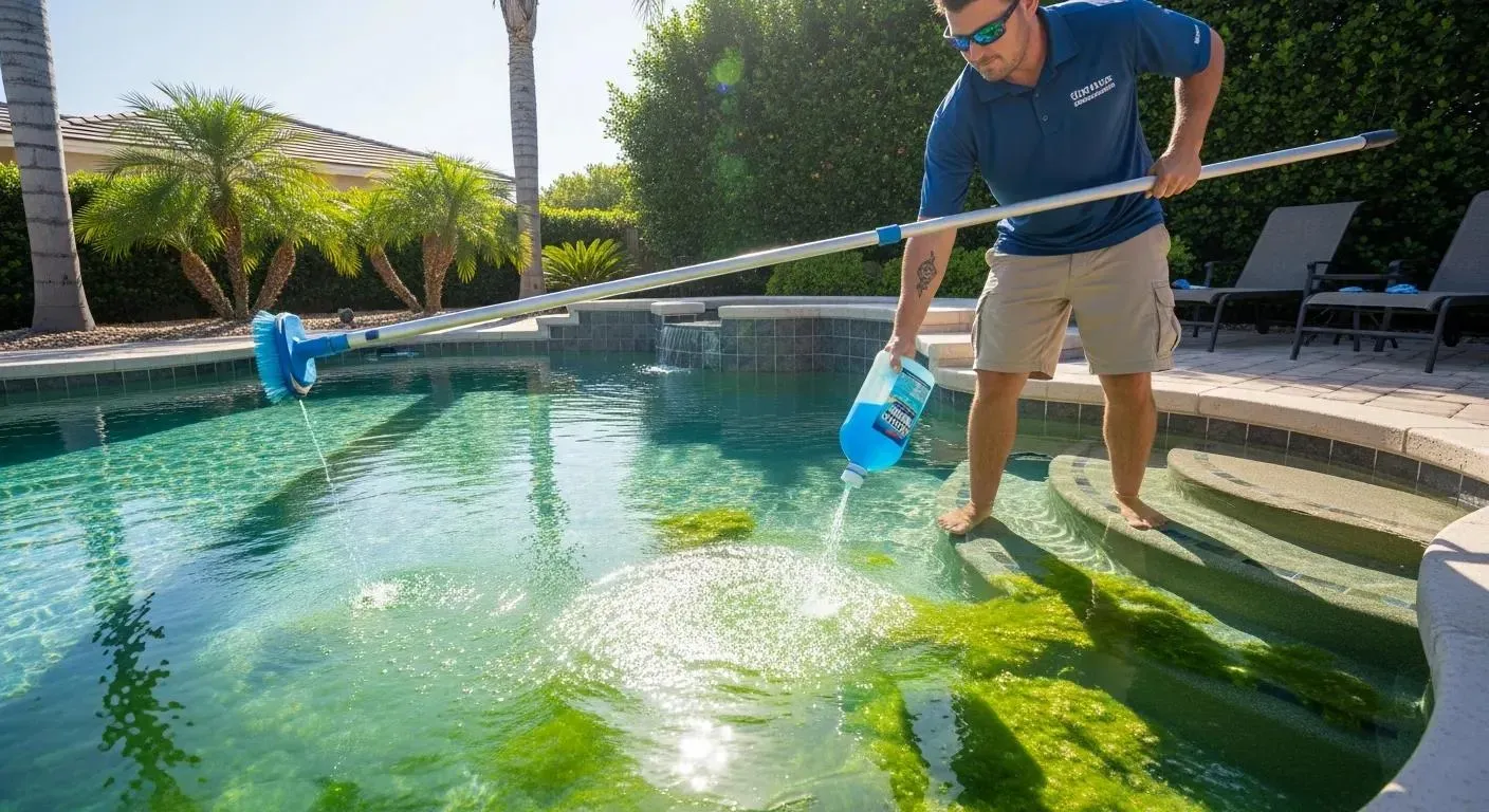 Pool technician applying algaecide to treat algae, emphasizing effective algae removal techniques
