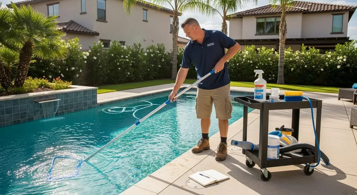 Pool technician performing weekly maintenance tasks, illustrating routine pool care