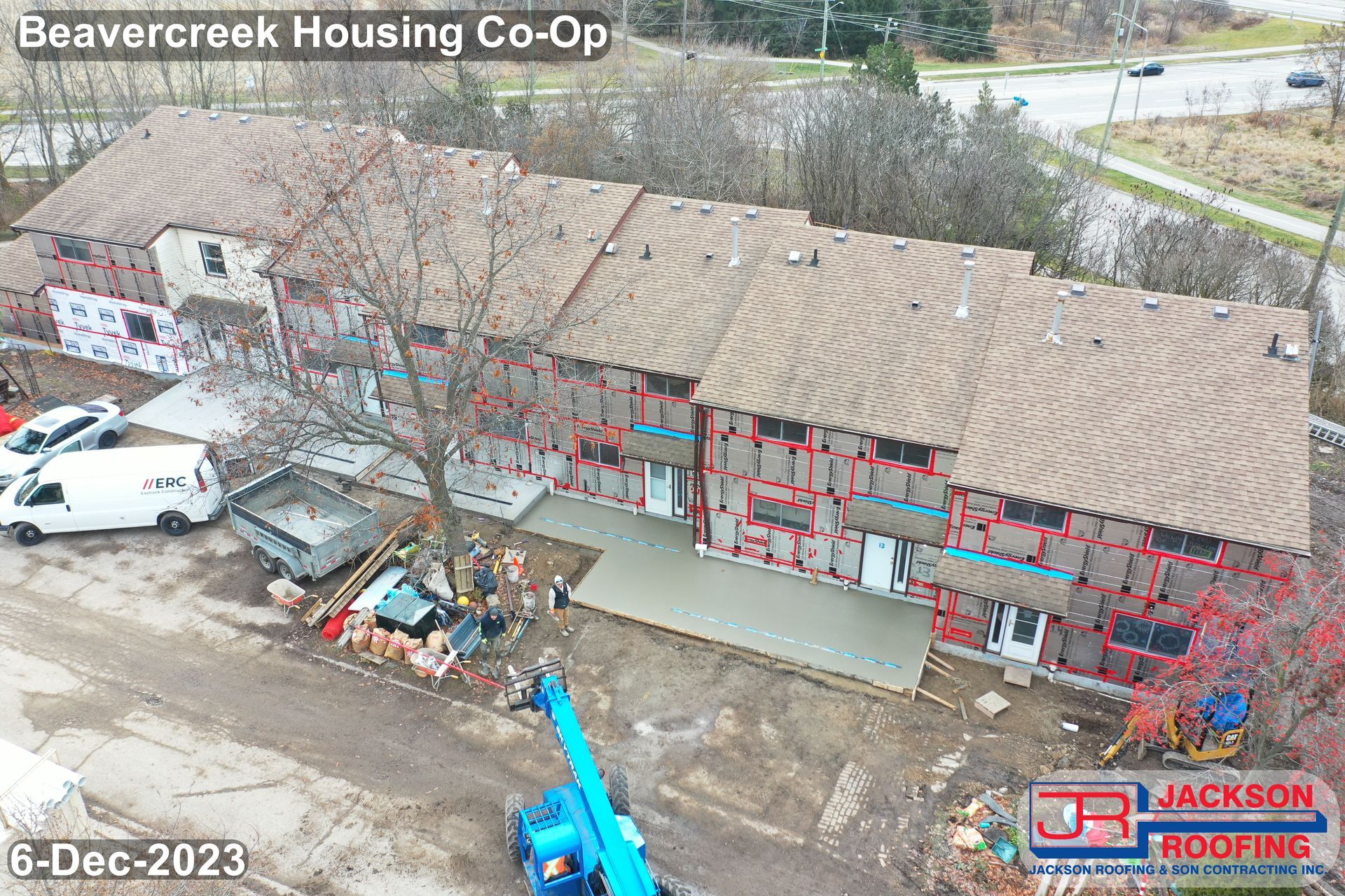 An aerial view of a building under construction.