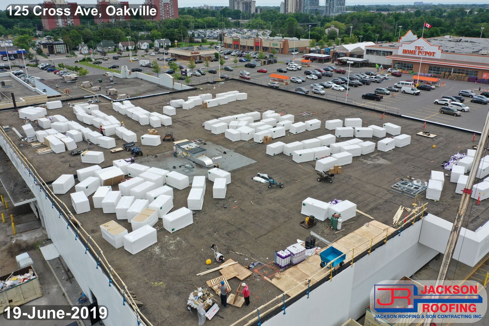 An aerial view of a building under construction.