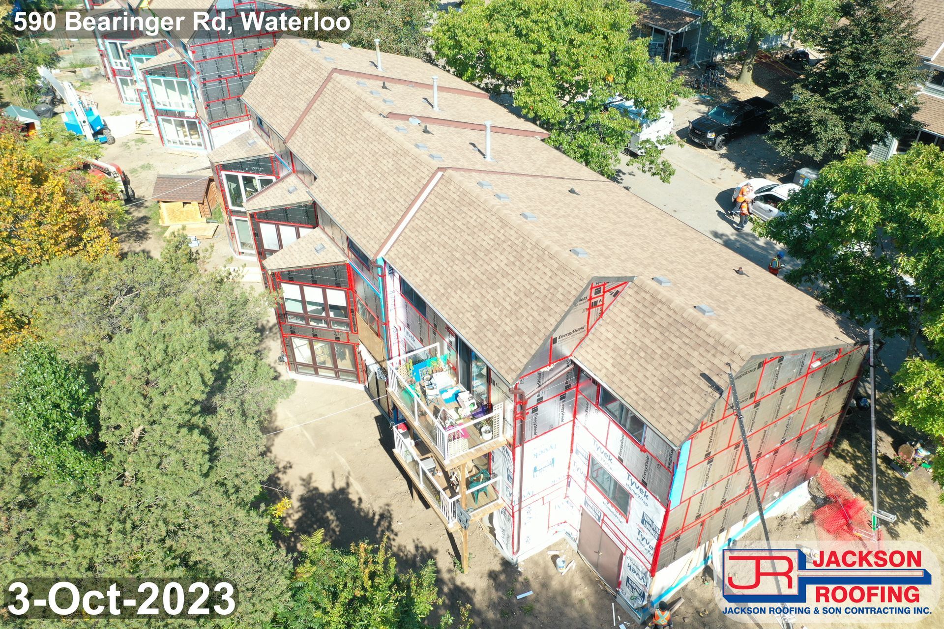An aerial view of a house under construction.